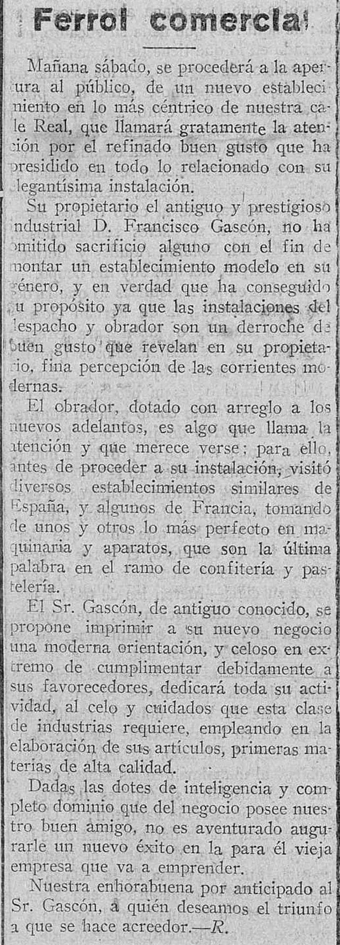Noticia de la inauguración de la confitería Gascón en la Calle Real. El Correo Gallego